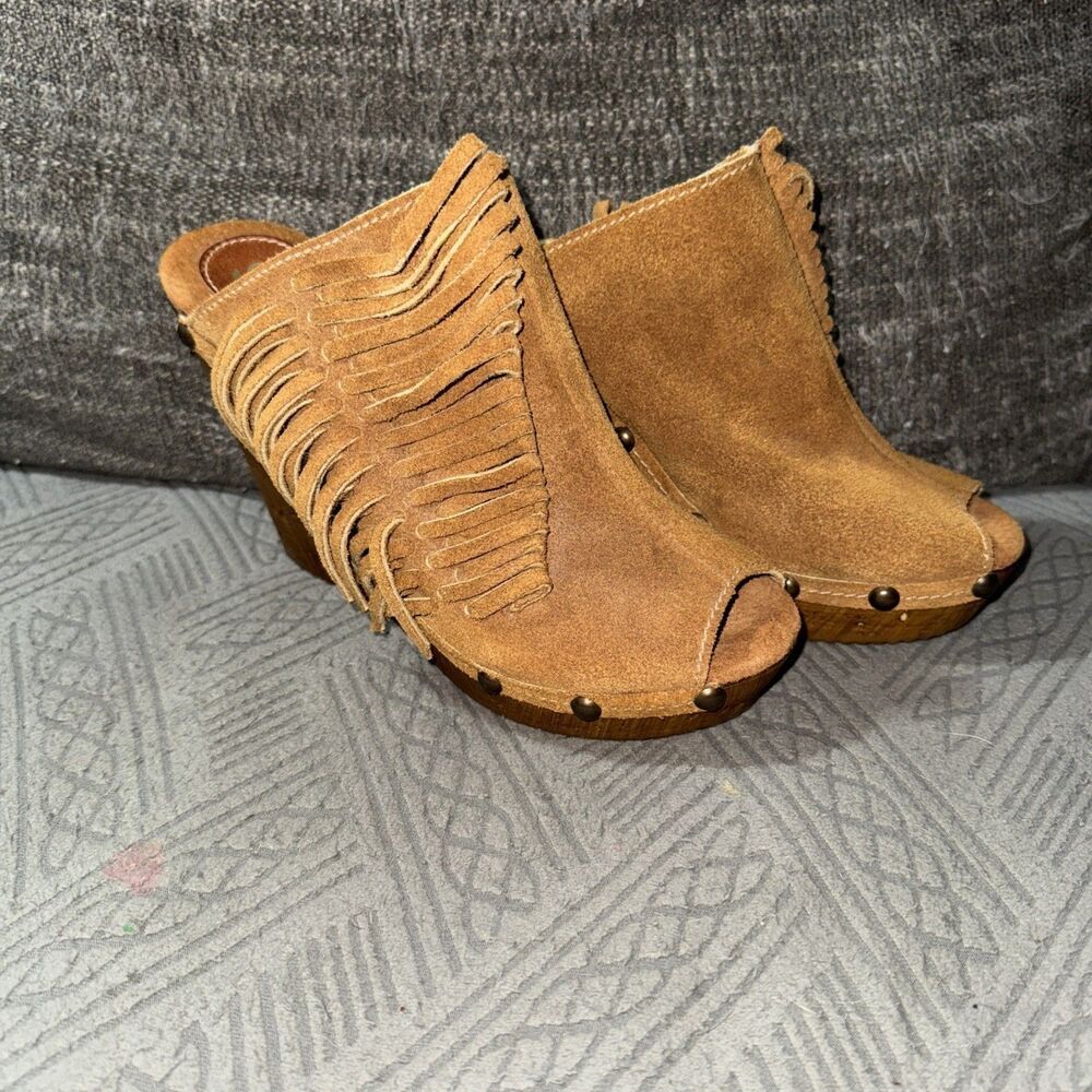 Sbicca Tan Suede Fringe Open-Toe Wedge Mules with Stud Trim